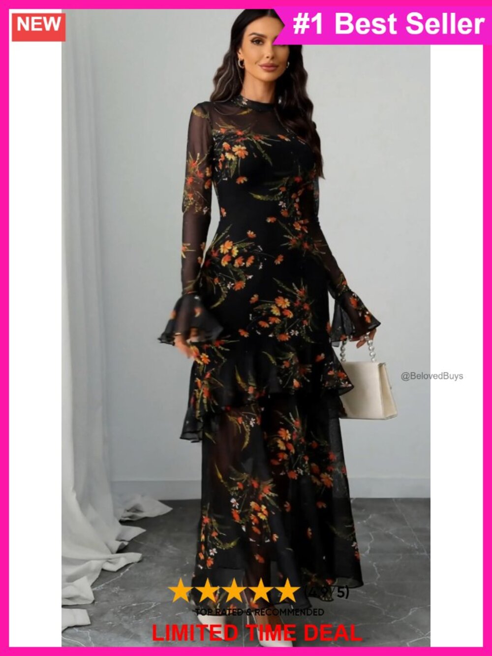 Women Floral Maxi Dress Bell Sleeve Mermaid Hem Mesh Party Wedding Guest - Picture 6 of 6